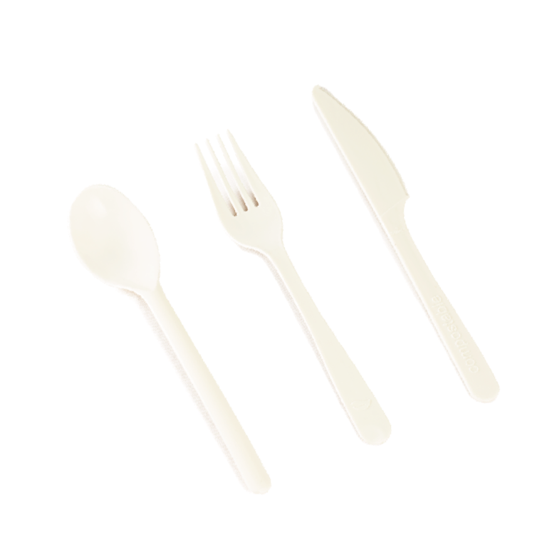 Kit Cubiertos: Cuchara blanca, cuchillo y tenedor PLA (50 uds)