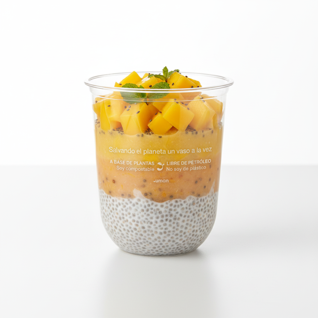 Vaso redondo transparente 16 oz con leyenda, chia pudding con mango