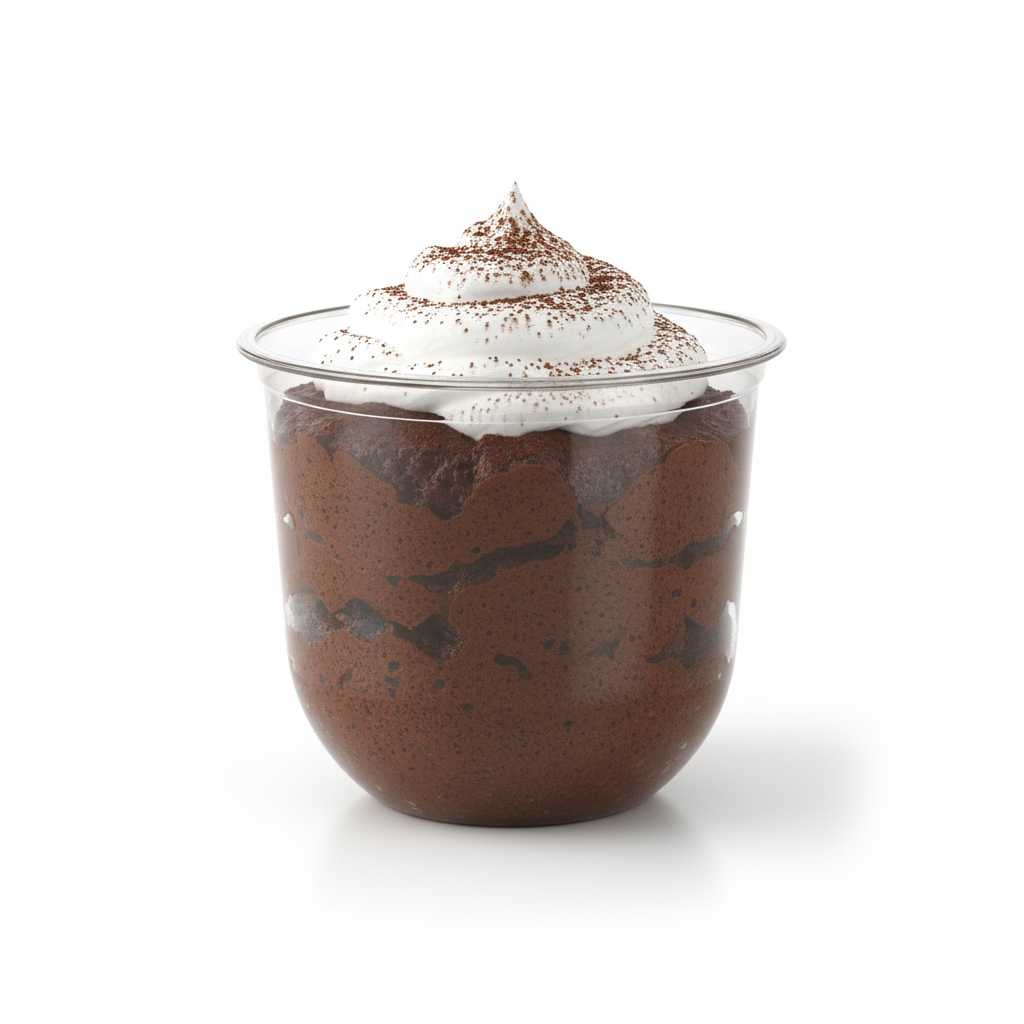 Vaso redondo transparente 12 oz con mousse de chocolate, crema y cacao