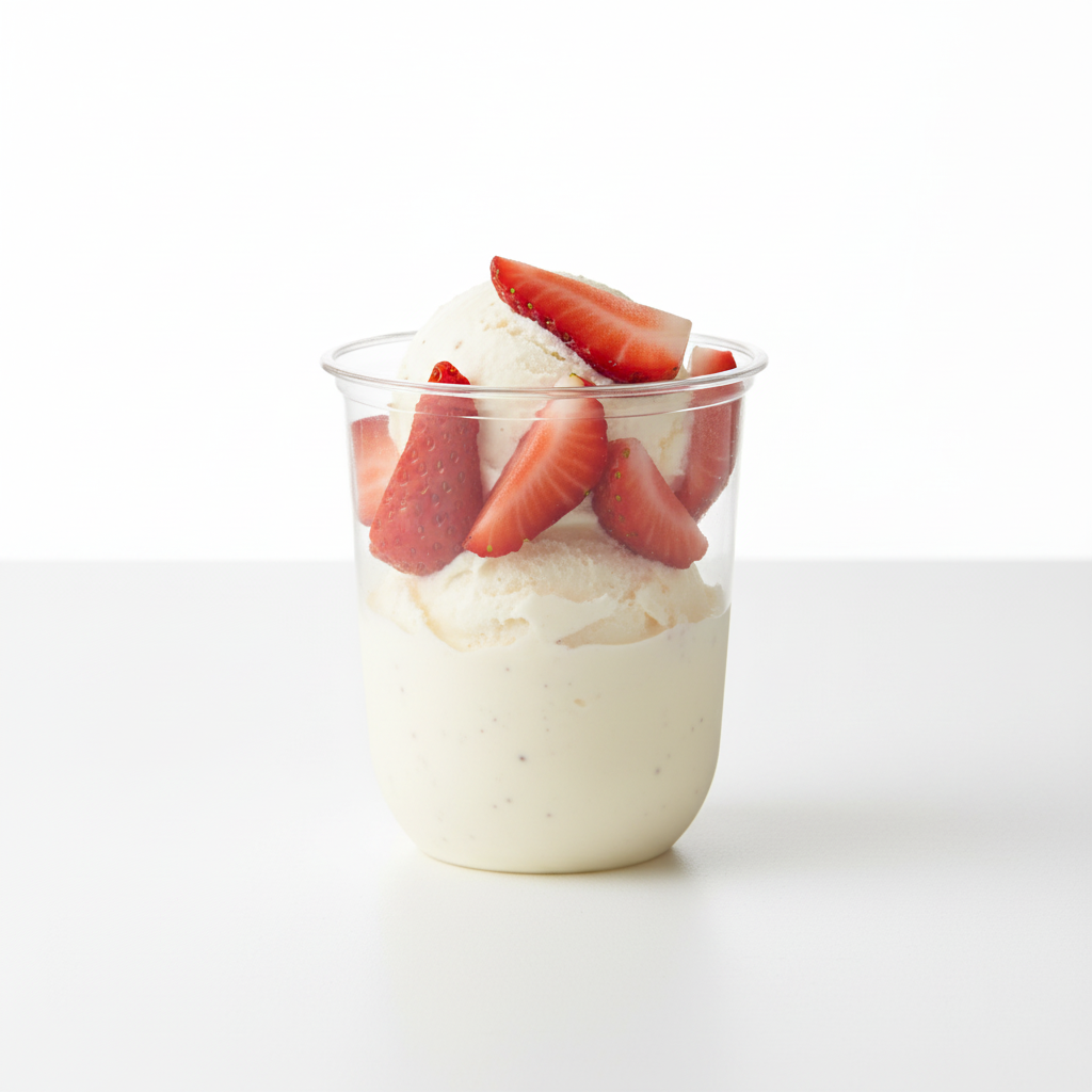 Vaso redondo transparente 8 oz con helado de vainilla y fresas