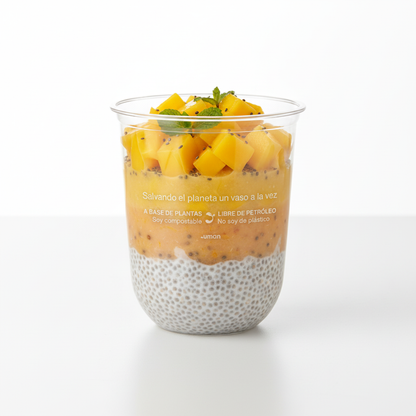 Vaso redondo transparente 16 oz con leyenda, chia pudding con mango