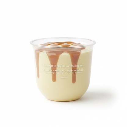 Vaso redondo transparente 12 oz con leyenda, pudding de vainilla con caramelo