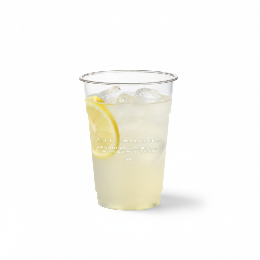 Vaso cónico transparente 9-10 oz con leyenda, limonada fría con hielo y limón