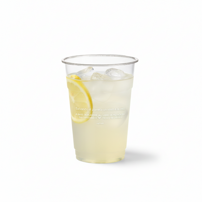 Vaso cónico transparente 9-10 oz con leyenda, limonada fría con hielo y limón