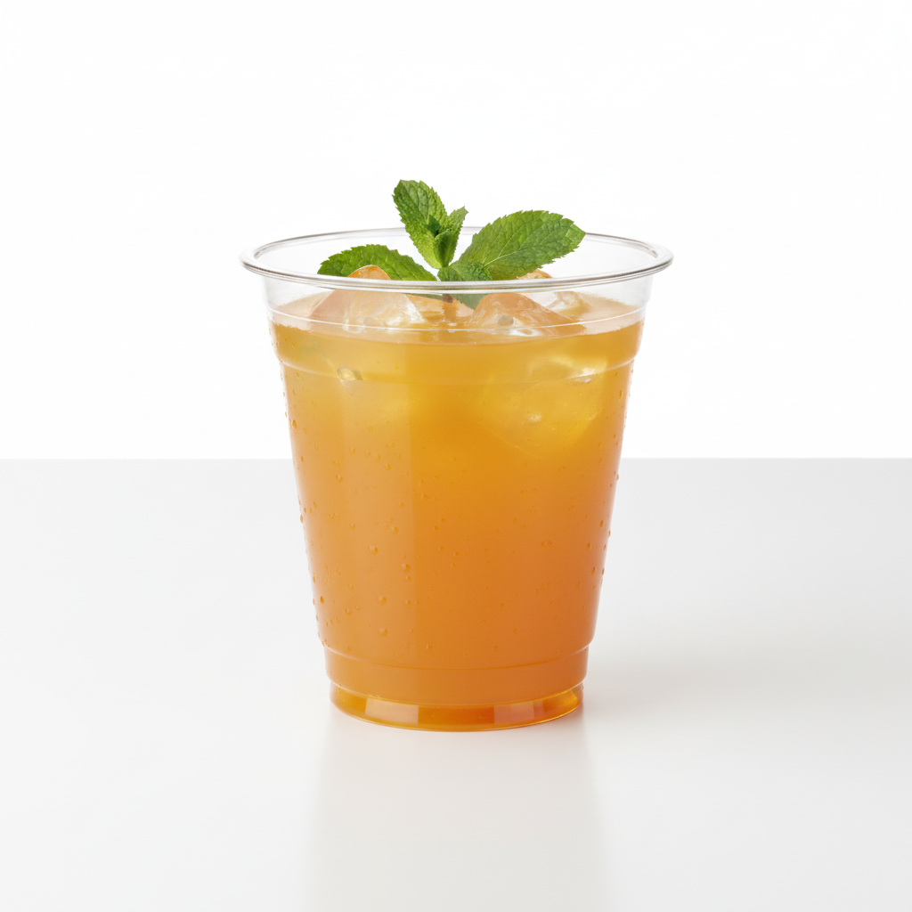 Vaso cónico transparente 12-14 oz con jugo de naranja, hielo y menta