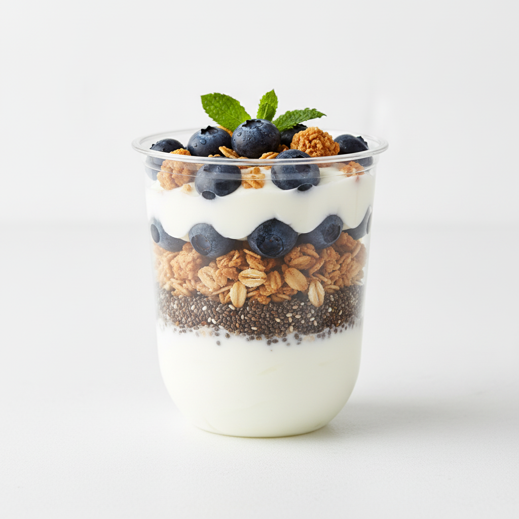Vaso redondo transparente 16 oz con parfait de yogurt, granola y arándanos