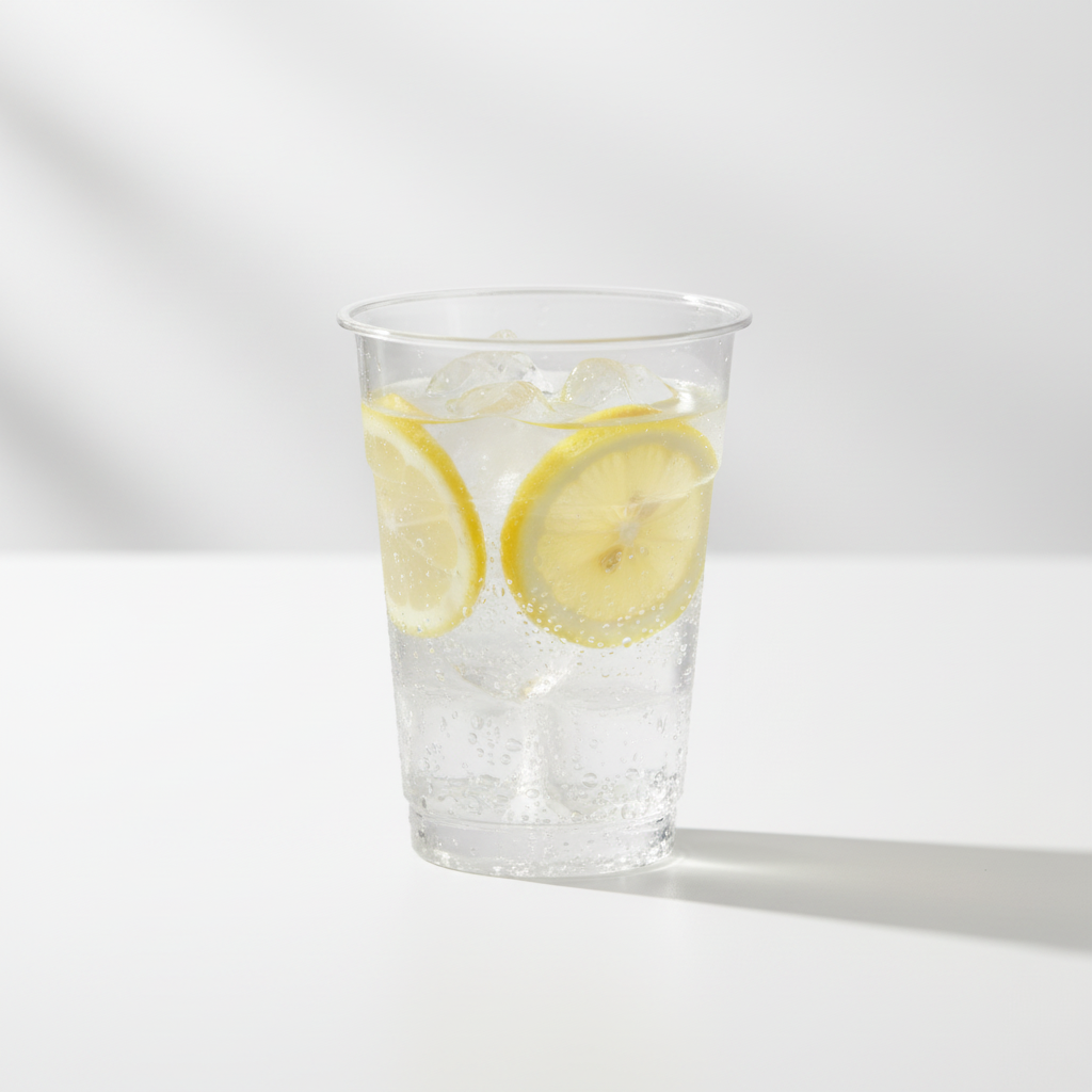 Vaso cónico transparente 9-10 oz con agua, hielo y limón