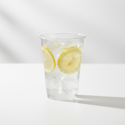 Vaso cónico transparente 9-10 oz con agua, hielo y limón