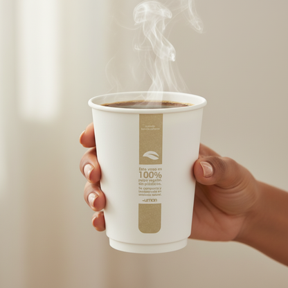 Vaso papel doble pared 9 oz con mano femenina sosteniendo café caliente
