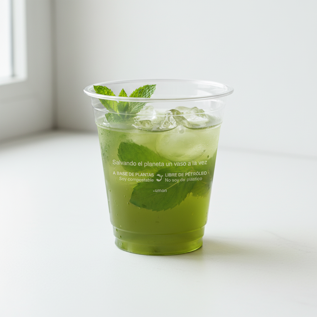 Vaso cónico transparente 12-14 oz con leyenda, té verde helado con hielo y menta