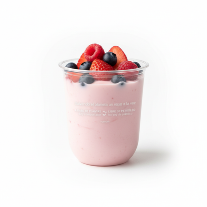Vaso redondo transparente 8 oz con leyenda, yogurt de fresa con berries